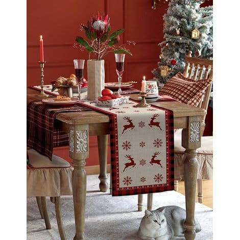 Table Runner - Christmas Snowflakes and Reindeer - Rustic Decoration for Dining Room or Kitchen - 160 x 30 cm