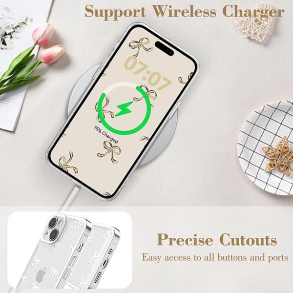 iPhone 15 Case, Transparent Cute Ribbon Bow Pattern Aesthetic Transparent Phone Case Raised Camera Protection Stylish Slim-White
