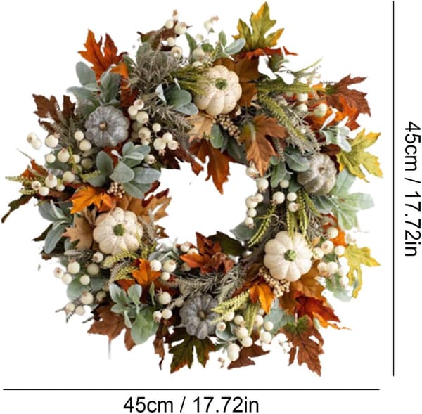 Efterårsdørkrans | 45 cm/18 tommer efterårsdørkrans, efterårsdekorationer til hjemmet | Kunstige efterårsdørkranse med ahornblade, græskar og bær