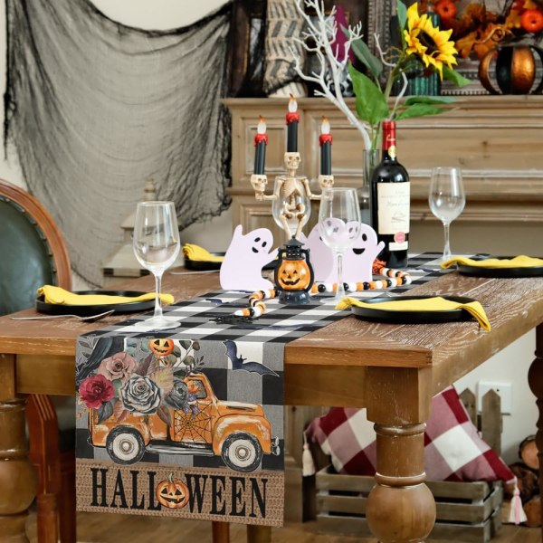 Halloween-pöytäjuoksu, Pumpkin Truck Bat Flower Crow, Seasonal Säkkikangas Buffalo Plaid Farmhouse Sisäkeittiön ruokalista