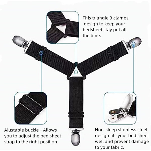 8 stk. lakenstropper - justerbare trekant-elastiske lakenstropper, premium nikkelbelagte lakenklemmer for laken, madrasstrekk, sofapute