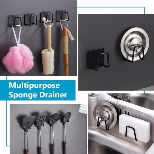 6 Sponge Holder Hooks - Self-Adhesive Kitchen Sponge and Dishcloth Holder - Stainless Steel, Waterproof - Black - 5*5 cm