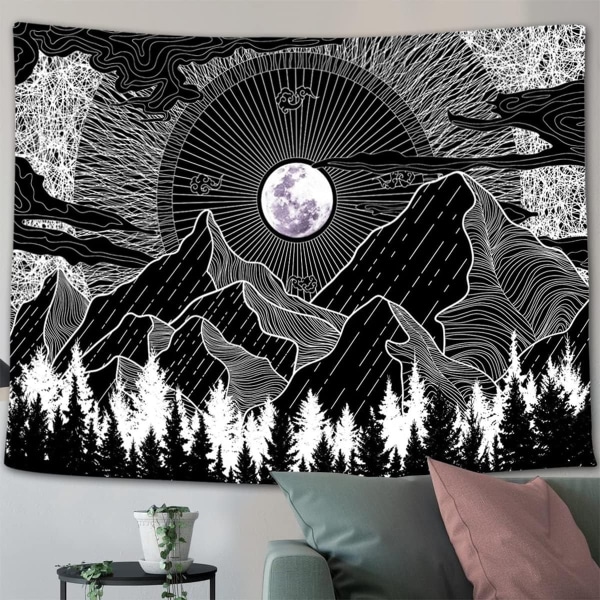 Svart och Vit Väggbonad Stjärnhimmel Berg Väggbonader för Sovrum Estetik Måne och Stjärnor Väggbonad Mörk Natur - 150x200cm