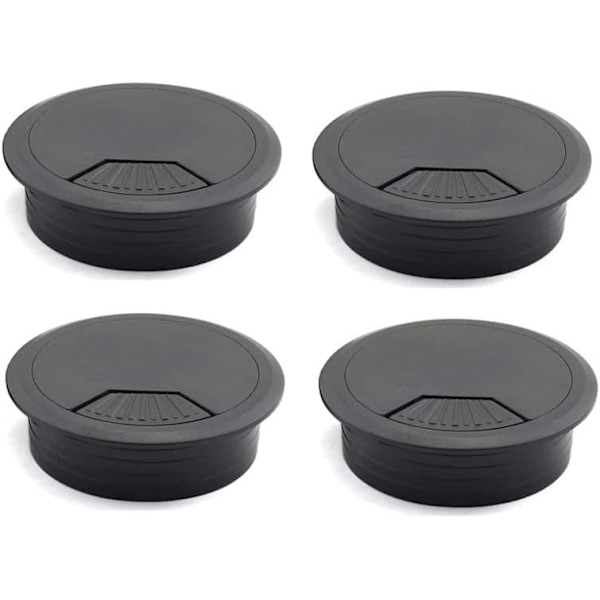 4 st 60 mm skrivbords-kabelgenomföringar, hålöverdrag för kontors-PC-skrivbord, kabelorganiserare i plast, svart (svart-4 st)