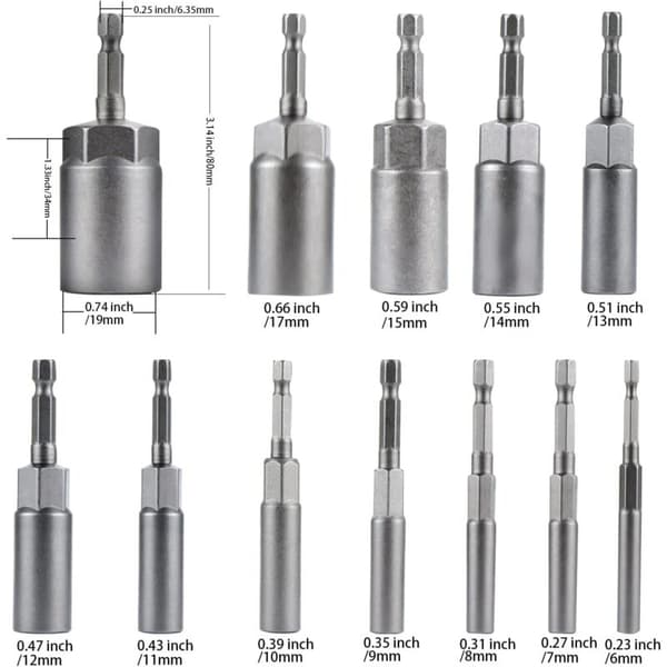 Screwdriver Bit Adapter 1/4\" Hex Socket 6-19mm for Hand Drill, Electric Screwdriver, Socket Wrench (12 Pieces)