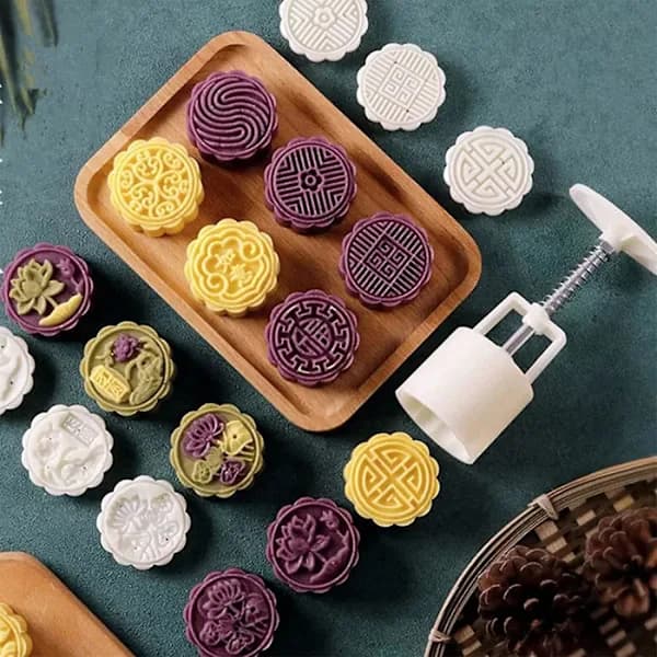 Mooncake Presses, 4 Pcs Baking Mold Hand Press Set With 12 Pcs Molds For Baking Cakes Desserts
