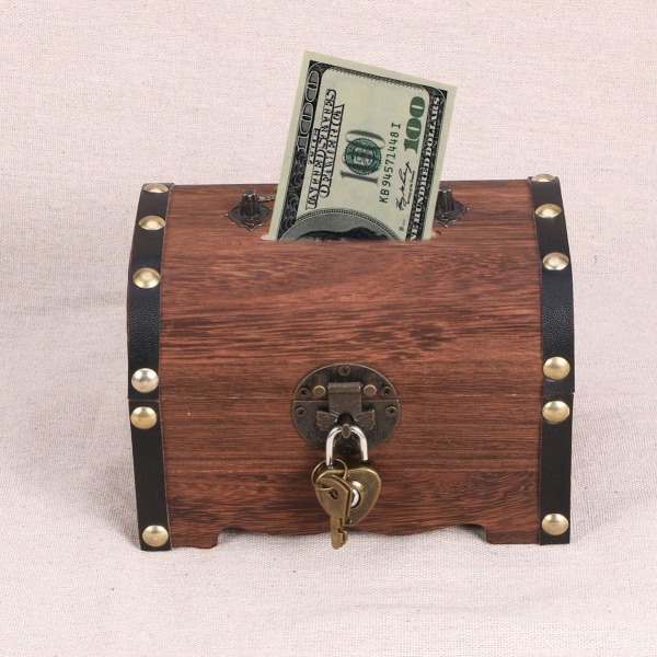 Säästöpossu: Vintage puun aarrearkku maalaismainen pieni puinen laatikko koristeellinen kolikkopankki Rahapankki Rahasäästösäilytyslaatikko häälahjojen sisustukseen