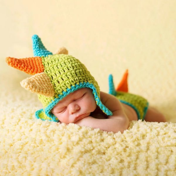 5 STK Newborn Baby Pige/Dreng Hæklet Strik Kostume Fotografi Rekvisitter Hatte Outfits-Newborn Hæklet Strikket Outfit Dinosaur Hat