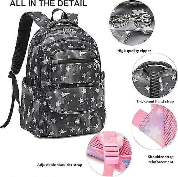 Star Print Backpack, Lunch Bag, and Pencil Case, 3-Piece Set for Elementary School Students, Teenagers, Backpack Black