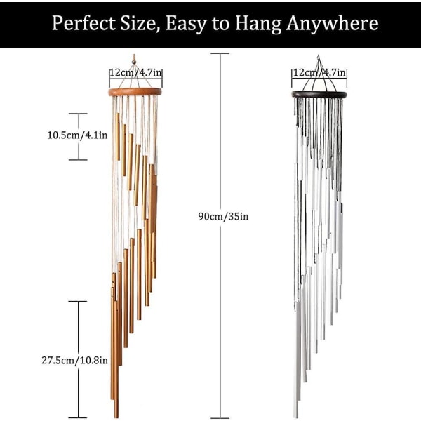 2 st. Utomhusvindspel, Massivt Trä och 18 Skrubbade Aluminiumlegering Guld och Silver Vindspel, 36 Tum Stort Vindspel med S-krok för Trädgård, Patio
