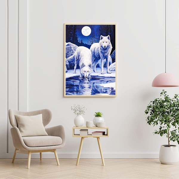 Vit Vargh Diamond Painting Kit för Heminredning DIY 5D Full Rhinestone Diamond Painting Set för Vuxna Barn Runda Stenar Diamond Broderi