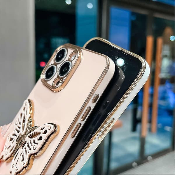 Deksler til iPhone 16 Pro Max Sommerfuglstativ TPU Galvanisert Telefondeksel - Rosa