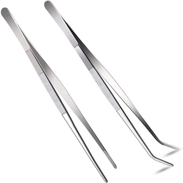 2 stk 12 tommers lange håndtak i rustfritt stål, rette og buede pinsetter, sett med tannede spisser, komfortabelt riflet håndtak