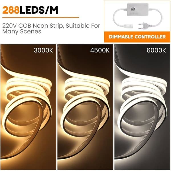 220V COB LED-list - PZCC - COB - 2m - Naturligt vit - IP65 - Dimbar