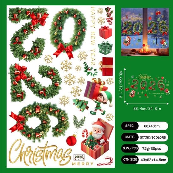 Christmas Window Decals 2026 - New Year Window Decoration - Green Tree and Bells - Double-sided DIY - Reusable
