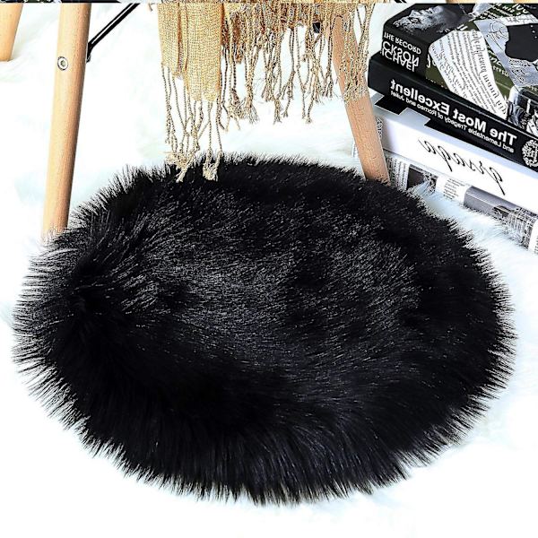 Rund Kunstpels Saueskin Stolseter Pute, Super Myk Tepper For Stue & Soverom Sofa Ved (1.3ft X 1.3ft, svart)