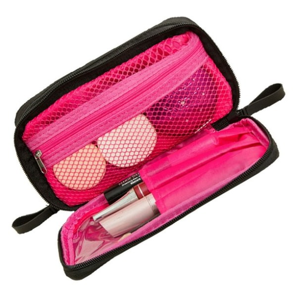 Sminkväska med dubbel dragkedja, design av svart och rosa innerfack, bärbart kosmetiskt case i nylon