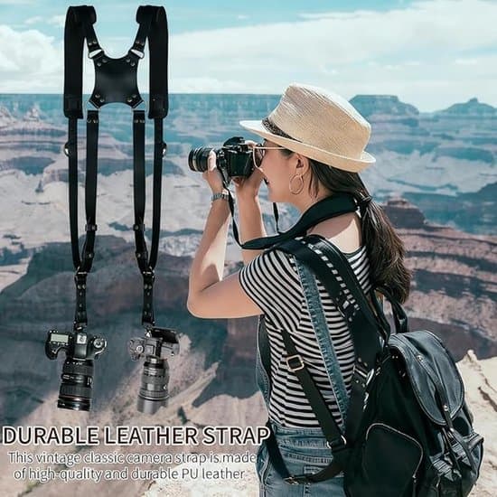 Camera Harness - Quick Release, Non-Slip, Double Shoulder Leather Camera Strap Harness with Metal Hooks for SLR/DSLR Cameras - Black [Ho]