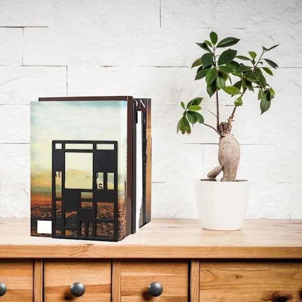 HA~Non-Slip Bookends That Don't Rust, Unique Abstract Grid Design Book Stoppers for Home, Office, Library (Black, 1 Pair)