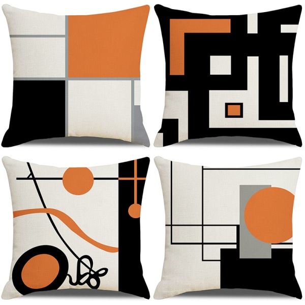 Cover, set om 4 i bomull och linne Modernt Svart Orange Geometriskt mönster Dekorativt örngottsdekoration 45 x 45 cm för