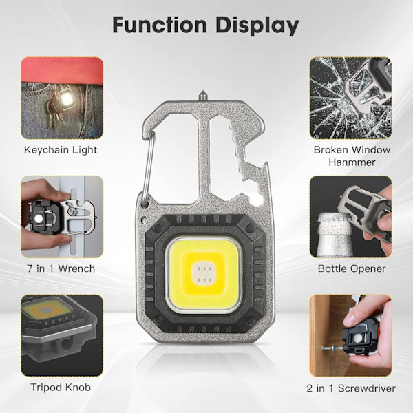 2 stk. Mini COB Genopladelige LED Inspektionsarbejdslys Bærbar Lille Nøglering Holder Lamper, 6 Tilstande, med Foldbar Stativ Flaskeåbner