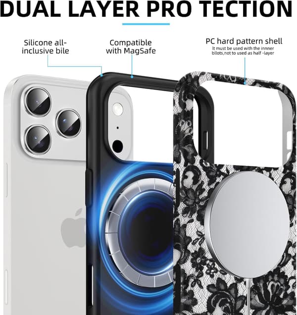 A beautiful black lace pattern case, silicone compatible, suitable for 17 Pro 6.3 inches, shockproof.