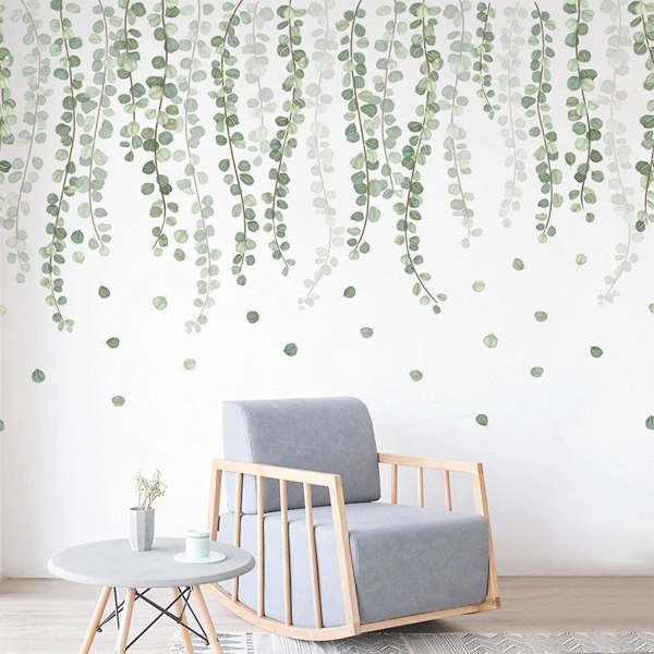 Grön vinranka hängande väggklistermärken för vardagsrummet i sovrummet, avtagbara eukalyptusväxter, löv Väggkonst Väggmålning hem plantskola kontorsdekorationer, 50x100 (l