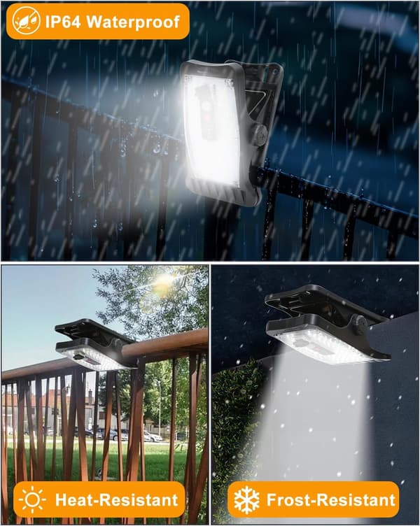 2 Solar Powered Clip Lights with Motion Sensor, 70 LEDs, 3 Color Temperatures, USB and Remote Control