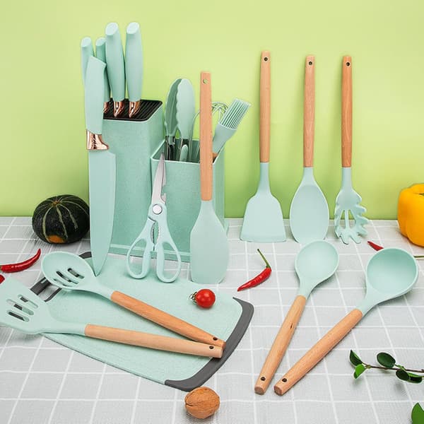 All-in-One 19-Piece Kitchen Utensil Set with Knives, 14 Kitchen Tools, 5 Essential Kitchen Knives for a Complete Culinary Experience, Light Green