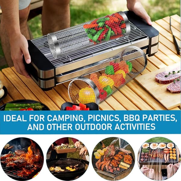 Rullende grillkurv til udendørs grillning, 2-pak grillnet i rustfrit stål, BBQ-tilbehør, grillnetrør grillkurv