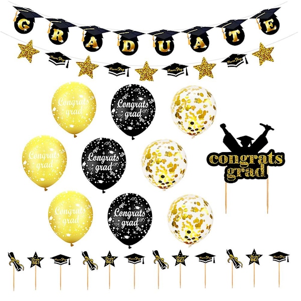 1 Sæt Graduation Party Balloner Banner Kage Toppers Sequin Balloner Kit (Sort Guld)Sort15X8cm