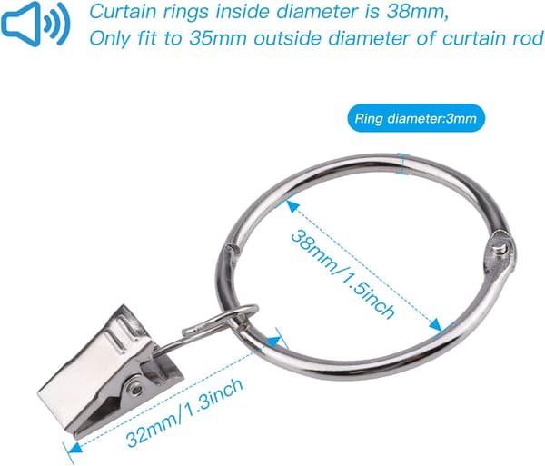 (Sølv), 30 Styk Gardinerringe med Clips, Metalgardinringe