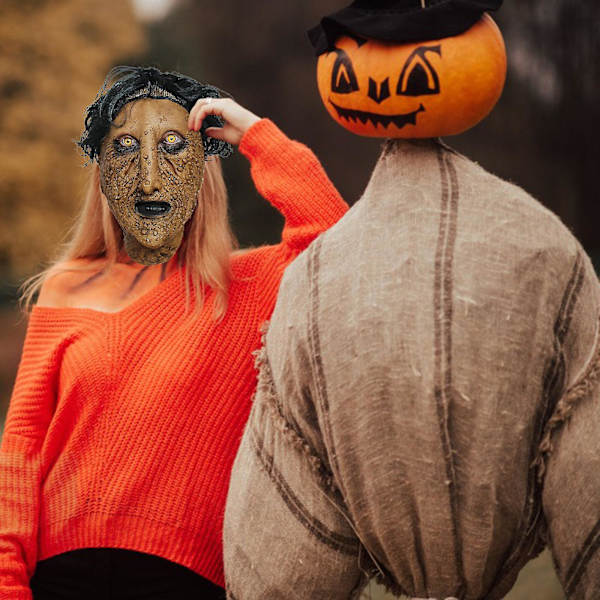 Halloween Horror Grimace Mask Läskig Latex Hud Med Hår Realistisk Halloween Krypande Cosplay Rekvisita Brun
