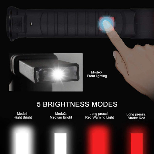 Genopladelig LED Arbejdslys, LED Arbejdslys, Genopladelig LED Værkstedslys, Inspektionslys, Magnetisk Base Lommelygte 5 Tilstande Til Garage, Camping, E