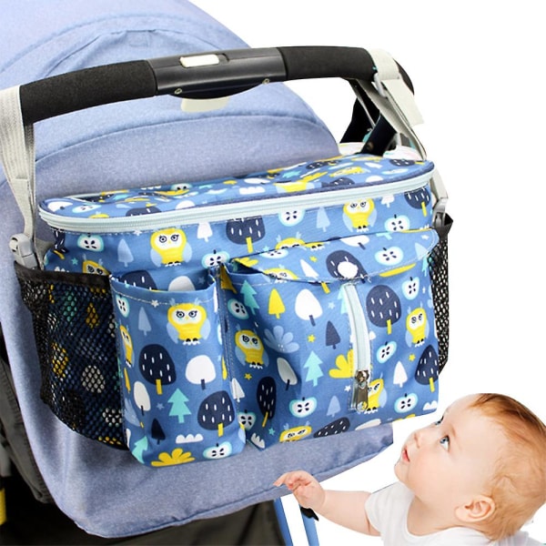 Organiseringsveske for barnevogn til mamma, babyvognbag - Kompatibel med de fleste barnevogner - Multifunksjonell stor kapasitet 31x20x15 cm ugle