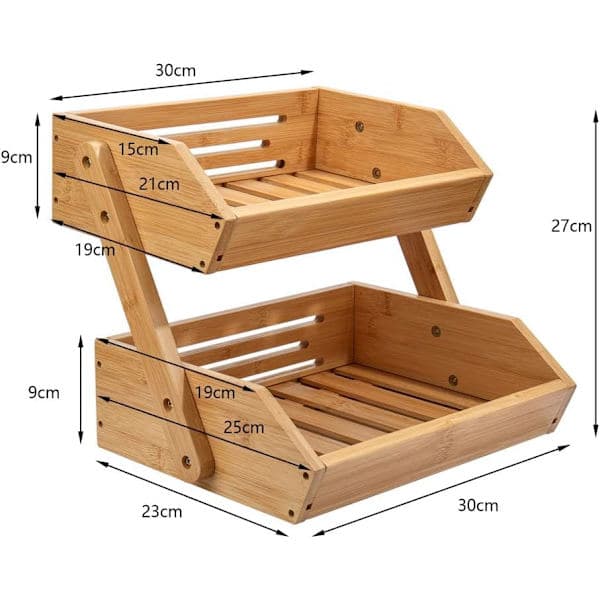 2-Tier Bamboo Fruit Basket, Bread Basket, Vegetable Storage, Snack Stand for Kitchen and Office
