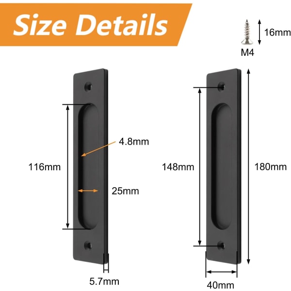 2-pakks rektangulært flush-montert skyvedørs håndtak, aluminiumlegering med monteringsskruer for skyvedør, matt svart, 18 cm