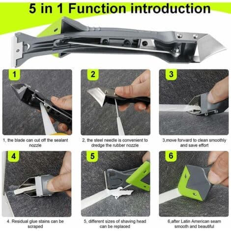 5-in-1 Sealant Remover Scraper Tool with 3 Silicone Tools, 5 Replaceable Pads, 1 Grout Tool (FMY)