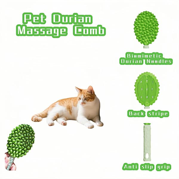 Durian-shaped massage comb for pets, double-sided cat and dog grooming tool, with back tooth scraper, green, 22 cm.