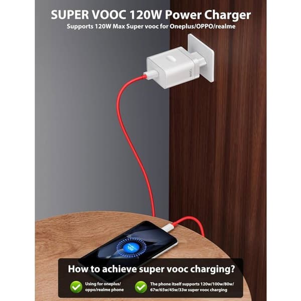 120W hurtigoplader til OnePlus SuperVOOC – Vægoplader med 10A 1m USB-C-kabel til OnePlus 13, 13R, 13T
