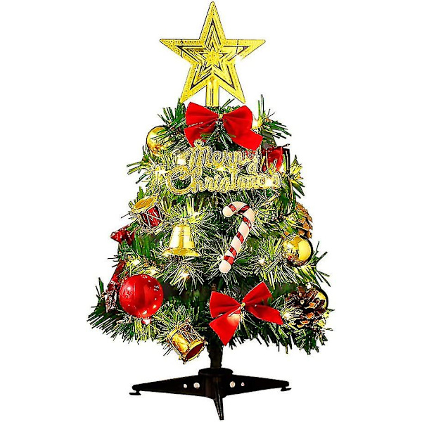 Miniatyr Juletre, Kunstig Juletre og 2m/2,18 Yards Ledlys, Mini Borddekorasjon Innendørs Mini Grønne Trær Pynt Bord