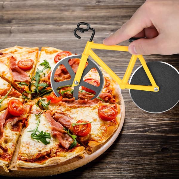 Non-stick pizzakutter, sykkelpizzakutter, pizzakutter med stativ, dobbel rustfritt stål, gul