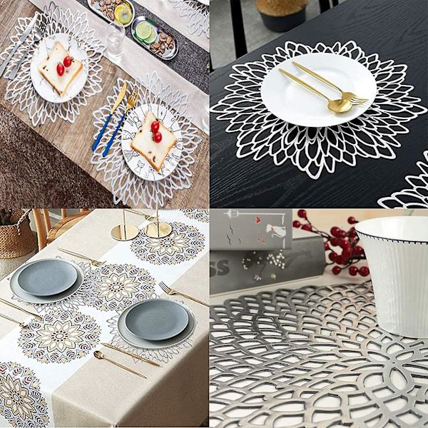 Setti, jossa 4 onttoa pyöreää tablettia, pöytäkoristematto, hibiskuskukka kullalla leimattu PVC-tabletti, ontto tabletti Silver