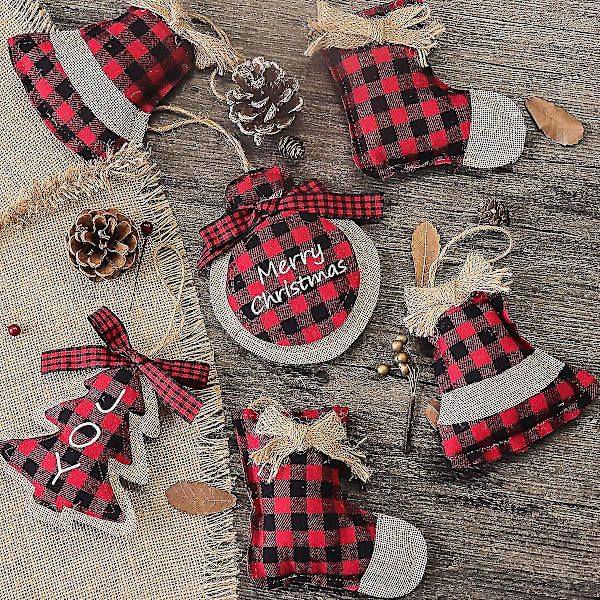 Julepynt Træpynt, 8 stk Rød Sort Buffalo Check Plaid Syning Bu