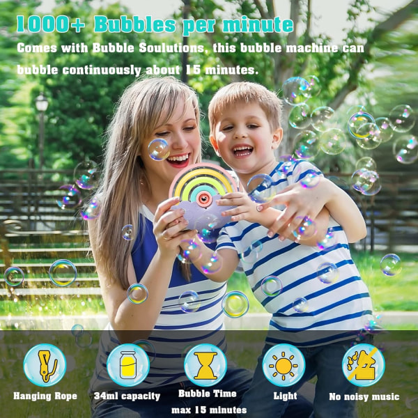 Automatisk boblemaskin, bobleblåser for barn 3 4 5 6 år gammel, 1500+ bobler, bærbar regnbueboblemaskin for utendørs/fest/bryllup
