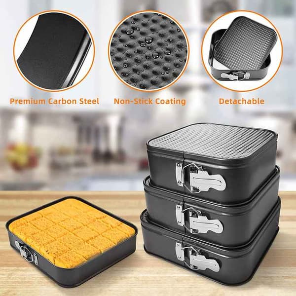 Non-Stick Springform Pan Durable Pie Baking Mold Cheesecake Mold with Removable Bottom Cake Pan Square 18cm+20cm+22cm