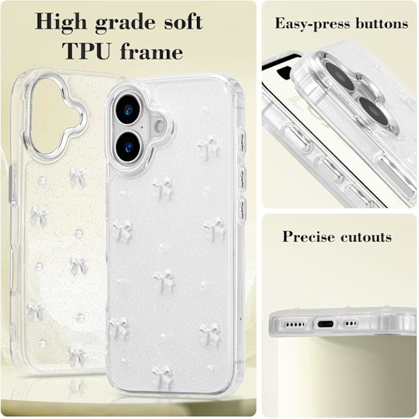 Skal för iPhone 16, Bling Glitter 3D Rosett Telefonfodral Sött Glittrigt Kristallklart Rosett Slim Mjukt Tåligt Skyddande Skal Vit White iPhone 16