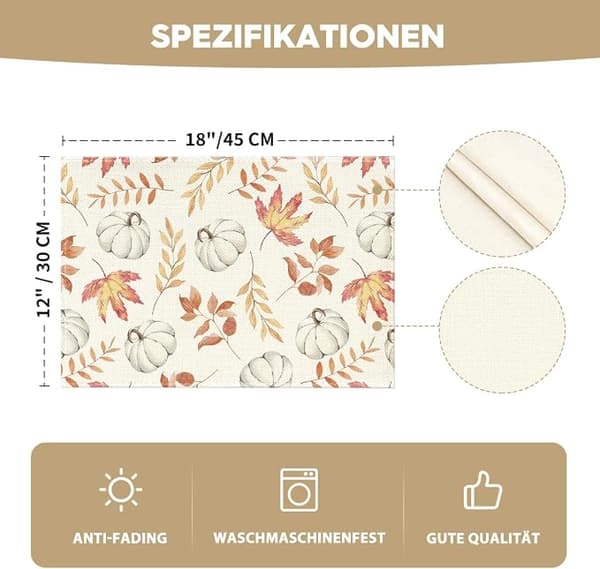 Sett med 6 bordbrikker med oransje gresskar og blader 30 x 45 cm vaskbare for festlig kjøkkendekorasjon