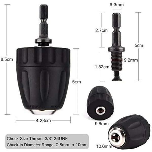 Drill Chuck, Drill Bit Adapter 3/8-24UNF 0.8-10MM Keyless Drill Chuck Clamp with 1/4\" Hex Shank Adapter