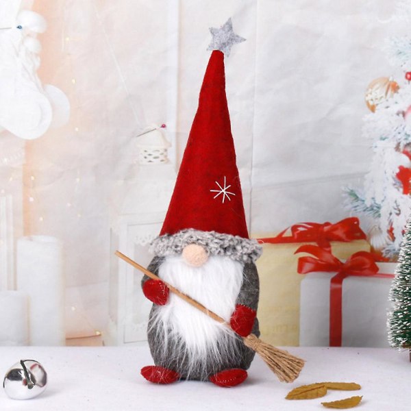 Stående julenisse med kost Jul Dverg Gnome Doll Ornament Søt Dw